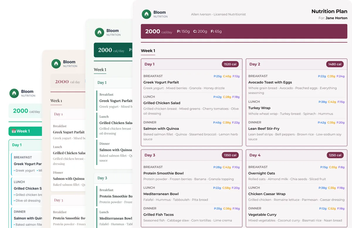 DietBoard branded export previews — nutrition plans across mobile, tablet, and desktop formats